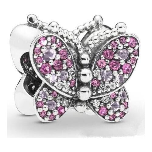 Genuine 925 Sterling Silver Bead Dazzling Pink Butterfly Charm Beads Fit Pan Women Bracelet & Necklace Diy Jewelry
