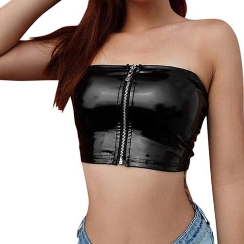 Womens Strapless Crop Tops Sexy Sleeveless Solid Color Patent Leather Bandeau Tube Tops