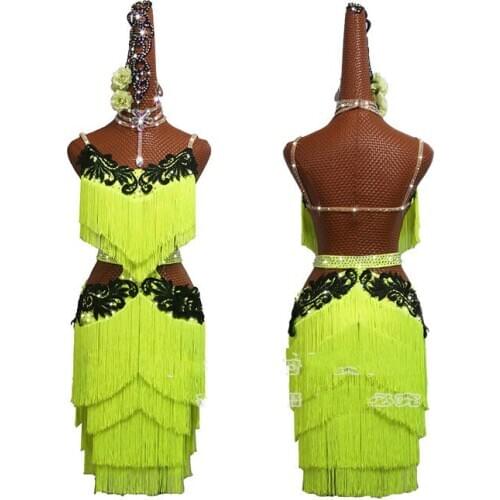 New Fluorescent Green Fringed Latin Dance Dress Women Performance Clothing Embroidered Latin Dance Skirt Competition Dance Dress