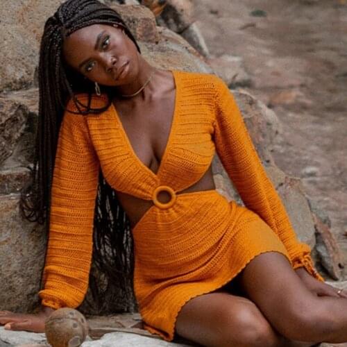 2021 Knit Bodycon Dress Women Green Y2K Summer Hollow Out Sexy Long Sleeve Spaghetti Strap Beach Midi Dresses Party