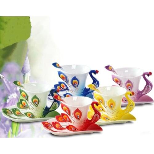 3D Peacock Enamel Coffee Mug Cup Set Ceramic Tea Milk Drinkware Creative China Bone Friend Gift