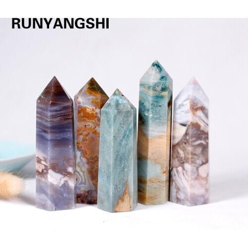 7-10cm Natural Crystal Ocean Jasper Point Healing Stone Hexagonal PrismsObelisk Wand Treatment Stone DIY Gift 1PC