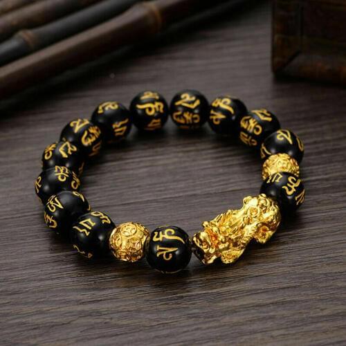 Feng Shui Obsidian Stone Beads Bracelet Men Women Unisex Wristband Gold Black Pixiu Wealth and Good Luck Women Bracelet Jewelry