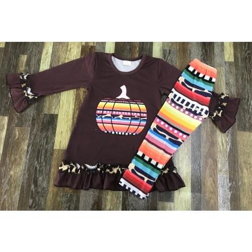 Childrens boutique wholesale Thanksgiving Girl leopard print lace totem pumpkin pantsuit