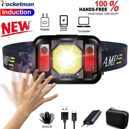 Motion Sensor Headlamp With Red Warning Light Rechargeable Headlight Built-in Battery Outdoor Fishing Torch With Power Display