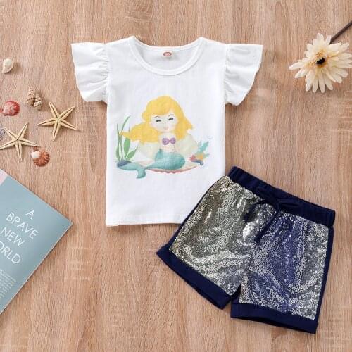 Summer Girls Casual T-shirt and Shorts 2 PCS Set Cartoon Mermaid Print Fly Sleeve Tops and Fish Scale Short Pants Outfit