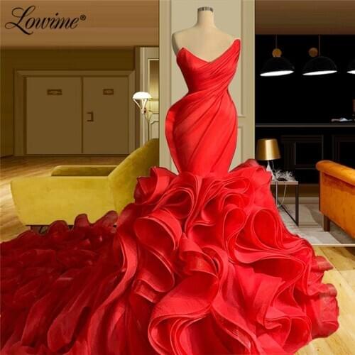 Red Prom Dresses Long Train Tiered Organza Party Dress Saudi Arabia Dubai Turkish Moroccan Plus Size Custom Made Evening Gowns