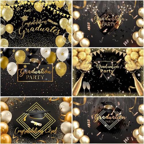Mocsicka Graduation Backdrop Gold Balloons Sprinkles Graduation Party Background Black and Gold Grads Cap Backdrops for Students