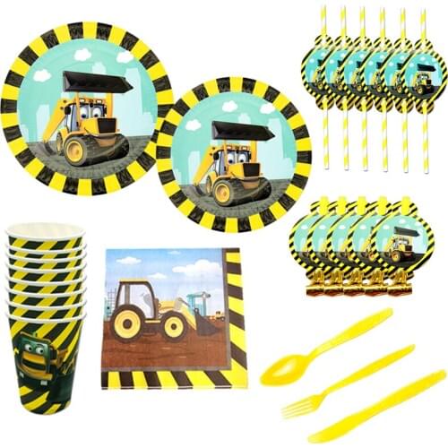 Cartoon Tractor Excavator Party Tableware Napkins Cups Straw Plate for Kids Happy Birthday Party Decoration Balloon Supplies