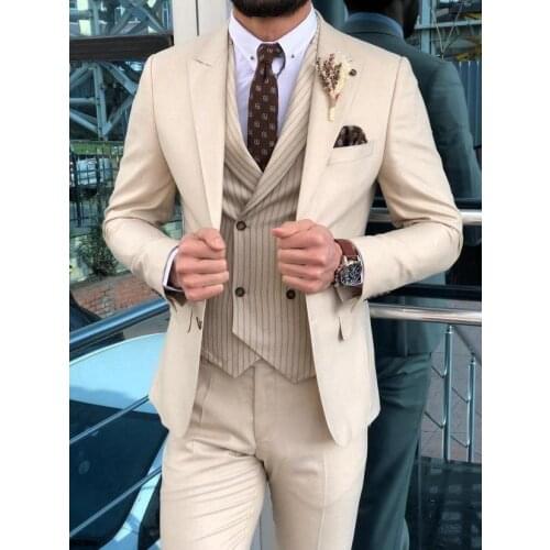 2021 Custom Made Beige Smoking Blazer Pant Stripe Vest Business Gentlemen Groom Suits Prom Suits For Men Wedding Best Man Tuxedo