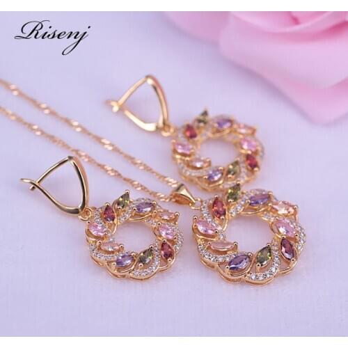 New Top Gold Color Flower & Lucky Circle Jewelry Set Multicolor Cubic Zircon Pendant/Earring/Necklace Women Wedding Jewelry Sets