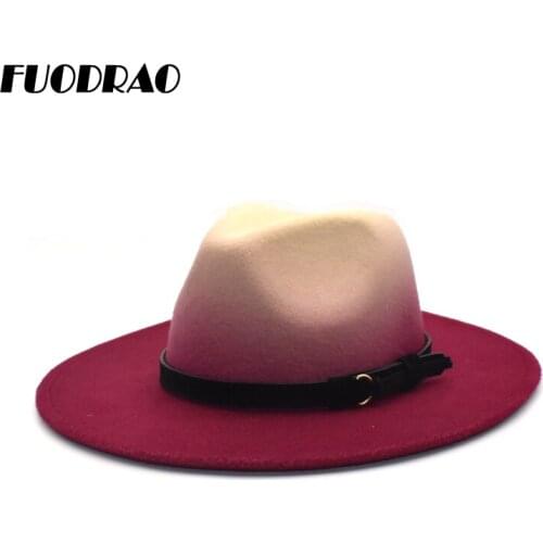 FUODRAO New Winter Wool Tie dye Fedora Hat For Women Panama Bowler Hats Large Brim Vintage Western Cowboy Men Jazz Cap D17