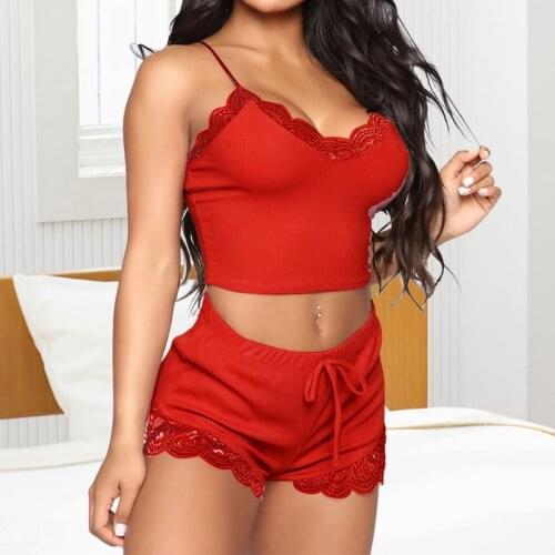 Hirigin Sexy Pajamas Women Bow Sleepwear Sleeveless Strap Nightwear Lace Trim Cami Top Pajama Sets sexy nightgowns nighty sexy