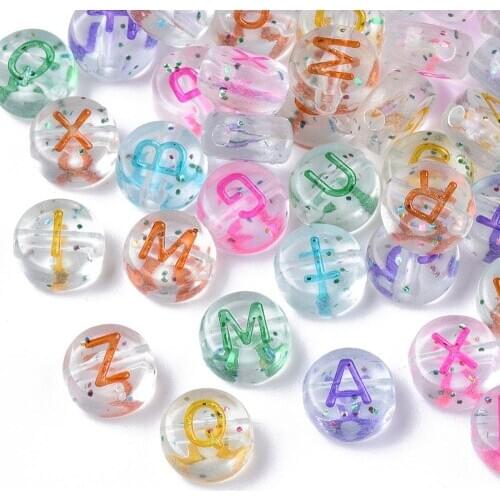 Transparent Spray Painted Acrylic Beads with Glitter Powder Flat Round with Alphabet, Mixed Color, 7x3.5mm, about 3600pcs/500g