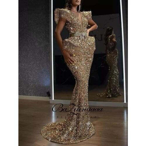 BAZIIINGAAA Dubai Luxury Party Elegant Woman Gold Evening Gown Tassel Long Sequin Mermaid Evening Dresses 2021 Formal Partie