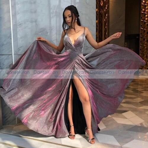 Sexy Side Split Prom Dresses 2021 V-Neck Shiny Purple Evening Party Dresses For Women Zipper Up Back Long Robe De Soirée