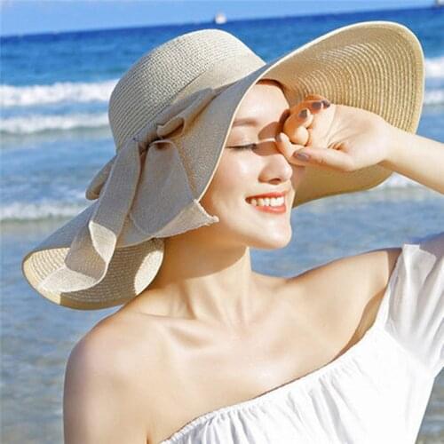 New Summer Beach Sun Hats For Women Bowknot Wide Brim Cap Ladies Sun Visor Caps Fashion Outdoor Swimming Hat Outdoor Swimming