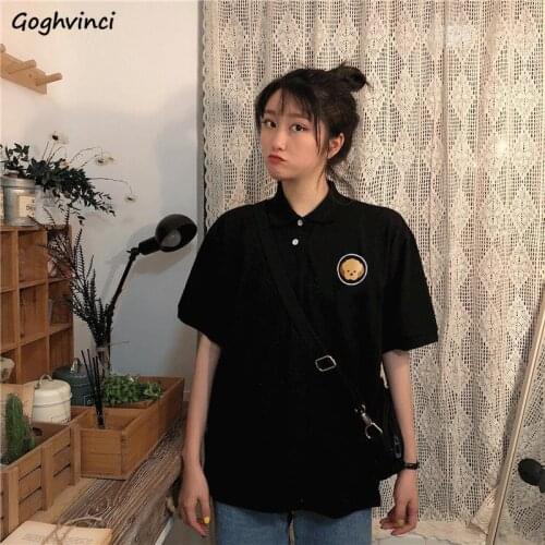 Women T-shirts Turn-down Collar Preppy Cartoon Embroidery Tops Short Sleeve Loose Button Collage Students Daily Leisure Tees New