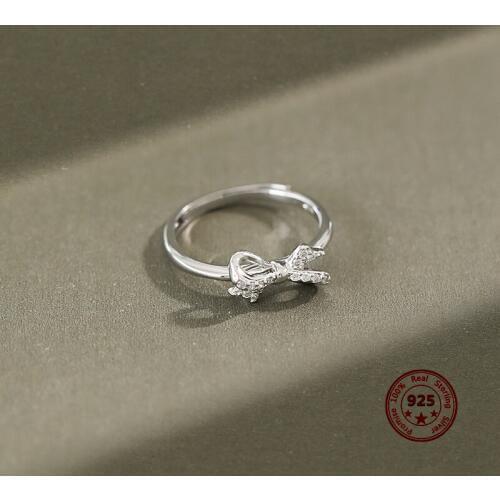 Chic 100% S925 Sterling Silver New Fashion Rings for Women Simple Bow Shape Micro Inlay Zircon Wild Style Opening Jewelry