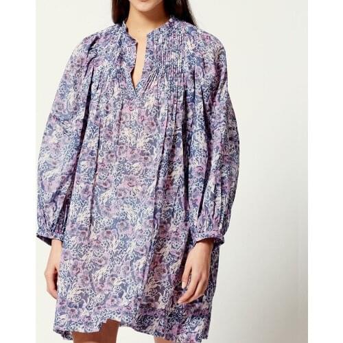 Women V Neckline Floral Printing Long Sleeve Short Dress With Pleated Detail