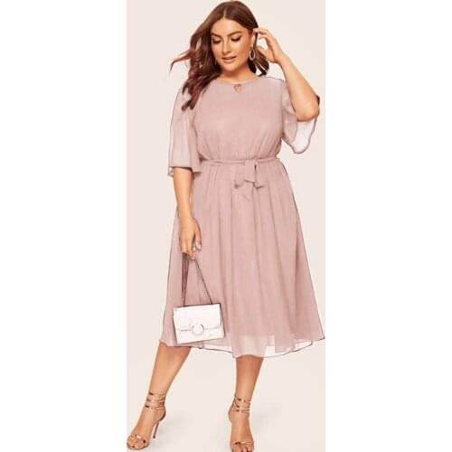 Woman Solid Color Women Plus Size Dress Half Sleeve Loose Chiffon Knee Length O-neck Party Casual Fashion Dress Wedding Vestido