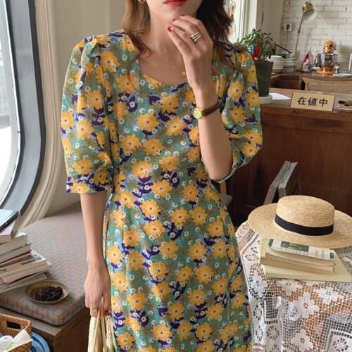 2021 Women Summer Vintage Long Floral Dress Sashes Square Collar Oil Painting Print A-line Midi Pullover Sundress