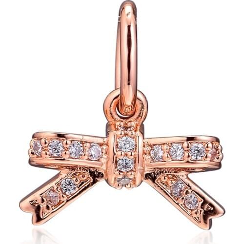 100% 925 Sterling Silver Clear CZ Beads Sparkling Bow Pendant Charms Fit Pandora Bracelet DIY Jewelry Gift bijoux