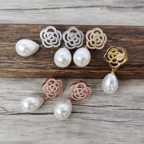4Pairs Fashion micro pave Crystal CZ rose flower shape shell beads dangle earrings for women jewelry Xmas gift ER1122