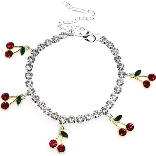 Korean Red Cherry Crystal Pendant Cute Rhinestone Bracelet Tennis Chain Anklet Summer Beach Cuban Link Anklet Boho Foot Jewelry