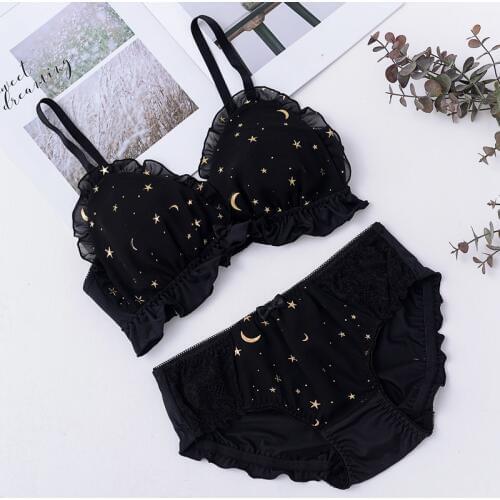 Japanese Womens Sweet Star Print No rims Bra & Briefs Sets Lolita Bowknot Ruffle Underwear Sets Breathable Teen Girls Bra Sets