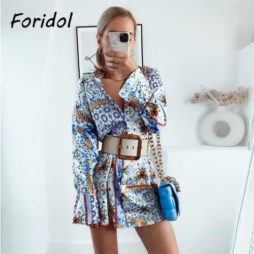 Foridol Floral Print Satin Dress Women Summer Long Sleeve Vintage Beach Dress Blue French Styel Patchwork Boho Dress Robe Femme