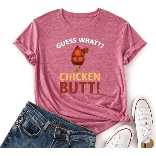 Woman Short Sleeve Colored Graphic Tees Summer T-Shirt Female Tops Shirts for Women Guess What Red Chicken Butt Funny