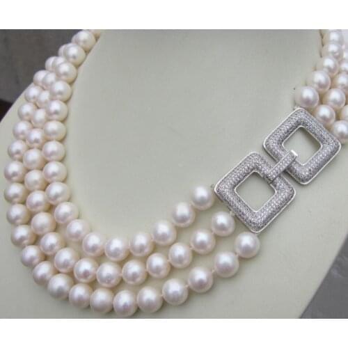 HOT## Wholesale 3strands AAA 8-9MM south sea white pearl necklace 17,18,19 inch