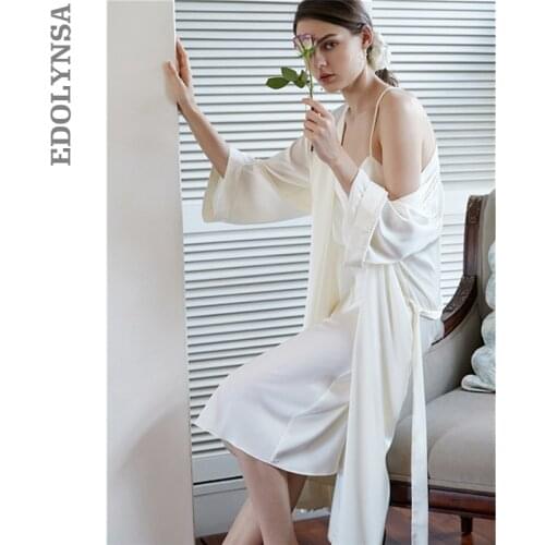 Robe Set Two Pieces Spaghetti Strap Deep V Neck White Cotton Sleepwear Lace Bathrobe Set Luxury Nightgown Long Negligee T942