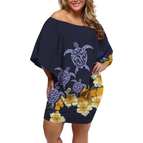 HYCOOL Hawaii Flower Sleeveless Casual Polynesian Tribal Office Lady Summer Sundress Women Vintage Off Shoulder Mid Dress