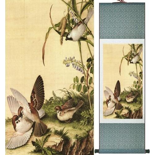LangShining ink painting Birds and flower Painting Spring Ink wash painting silk scroll birds and flower painting