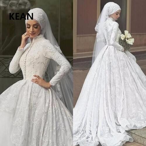 Lace Muslim Wedding Dresses High neck Long Sleeve Hijab Vestido De Noiva Dubai Arabic Wedding Gown Bride Dress