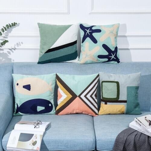 Ocean Geometric Pattern Towelette Embroidered Sofa Cushion Blue Mediterranean Print Art Cushion cotton pillowcase with core