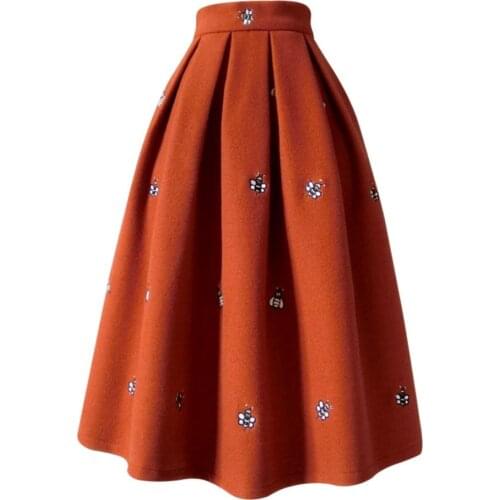 Autumn winter embroidered woolen skirt women high waist princess warm ball gown skirt
