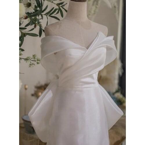 2021 Korea Style Off-Shoulder Short Sleeve Organza Sheath Lace-up Simple Plain Wedding Dress Bride Gown Vestidos De Novia