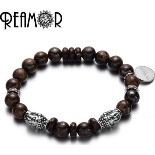 REAMOR Natural Stone Bronzite Gem Elastic Bracelets Bangles Stainless Steel Buddha Prayer Yoga Charm Bracelet Men Women Jewelry