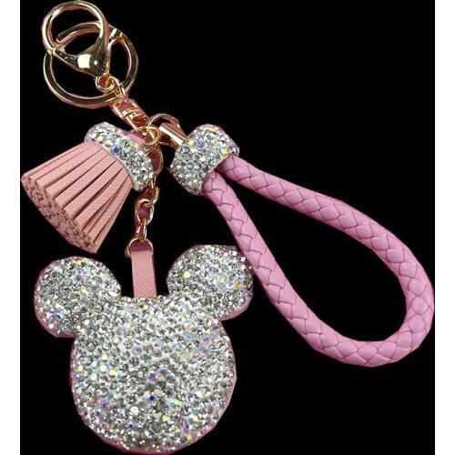 Luxury Diamond Rhinestone Tassel Mickey head Ball Car Key Chain Keyring Charm Bag Pendant Car Accessories Jewelry For Women
