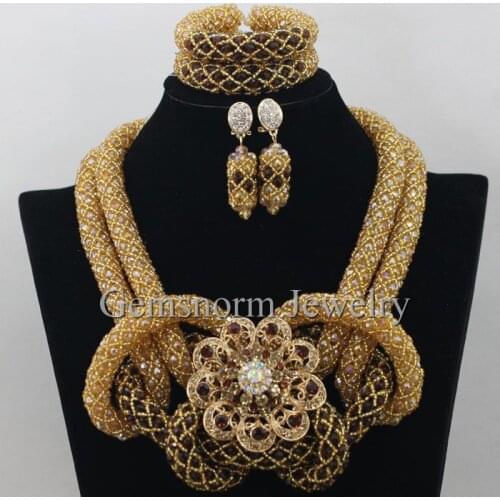 Luxury Gold Brown Nigerian Wedding African Beads Jewelry Set Crystal Indian Bridal Women Costume Jewelry Set Free Shipping WB820