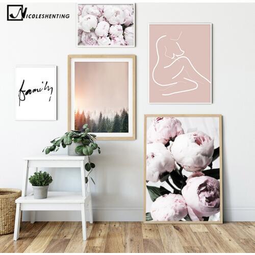 Pink Peony Flower Family Picture Scandinavian Poster Nordic Forest Sunset Print Wall Art Canvas Painting Modern Room Decoration