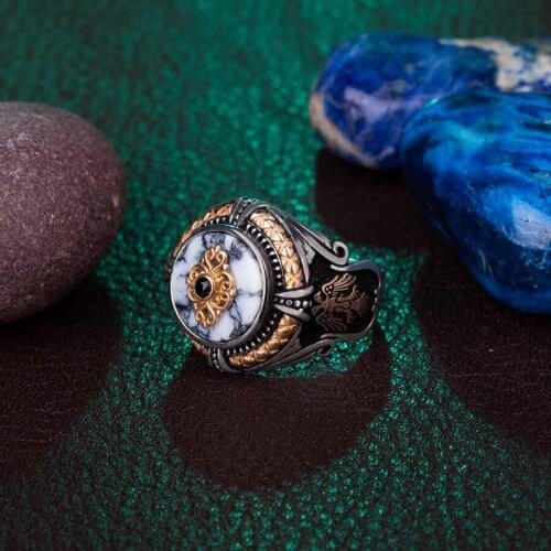 Handmade Silver Men Ring White Turquoise Stone Men Ring Double Style Hawk Ring Ornate Jewelry Perfect Men Gift