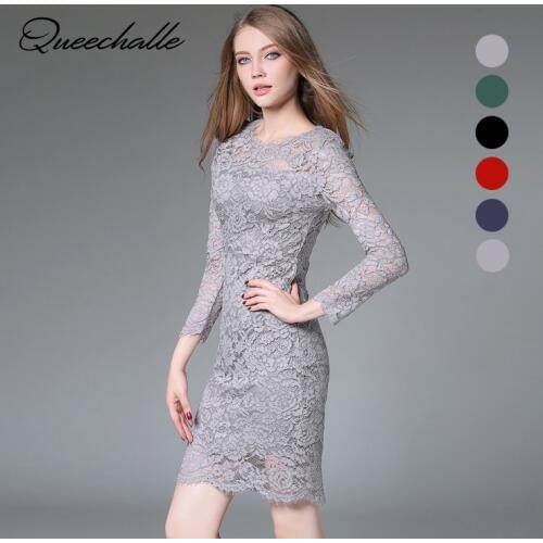 Queechalle Elegant Women Dress Autumn 2020 O Neck Long sleeve Hollow Out Lace Dress Female Gray Black Red Navy Deep Green Color
