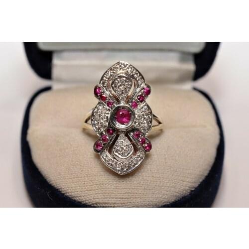 OLD NAVETTE NATURAL DIAMOND AND CALIBER RUBY DECORATED PRETTY VINTAGE RING