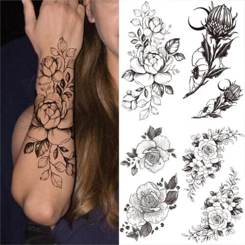 Large Black Peony Flower Temporary Tattoos For Women Men Adults Realistic Rose Tulip Flora Fake Tattoo Sticker Forearm Tatoos