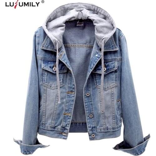 Lusumily Hooded Plus Size Denim Jacket Women 5XL Loose Cowboy Outwear Basic Jean Jacket Spring Casual Tops Female Denim Coat