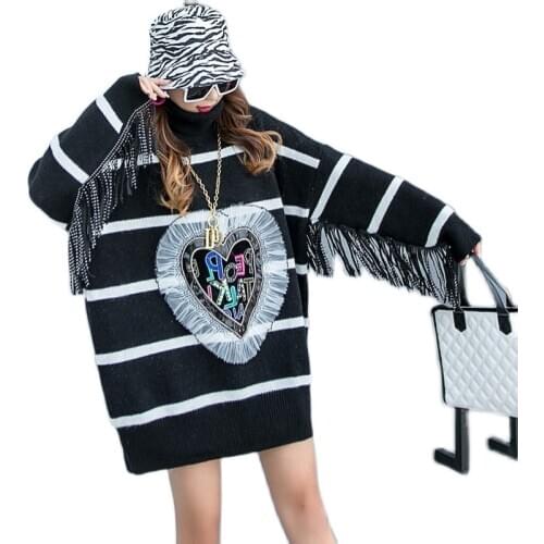 Long Sleeve Tassel Knit Warm Striped Sweaters Womens Winter Turtleneck Streetwear Thick Design Applique Oversized Pullover